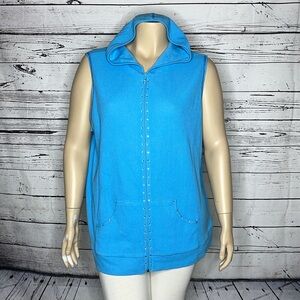 Quacker Factory NWT 2X Blue - Fleur De Lis Embellished Waffle Knit Vest Jacket
